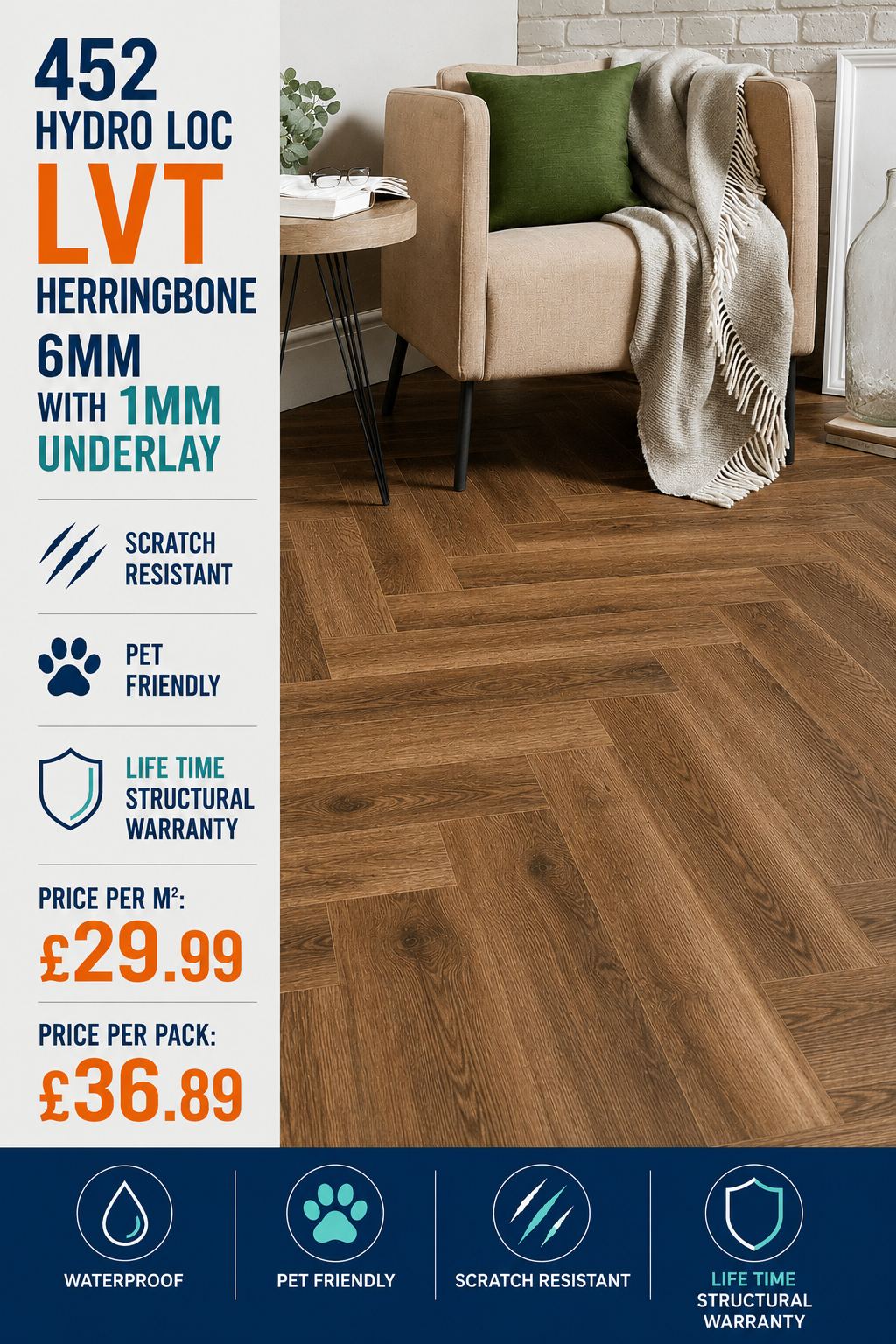 Hydro Loc 452 Herringbone 6mm With a 1mm Underlay