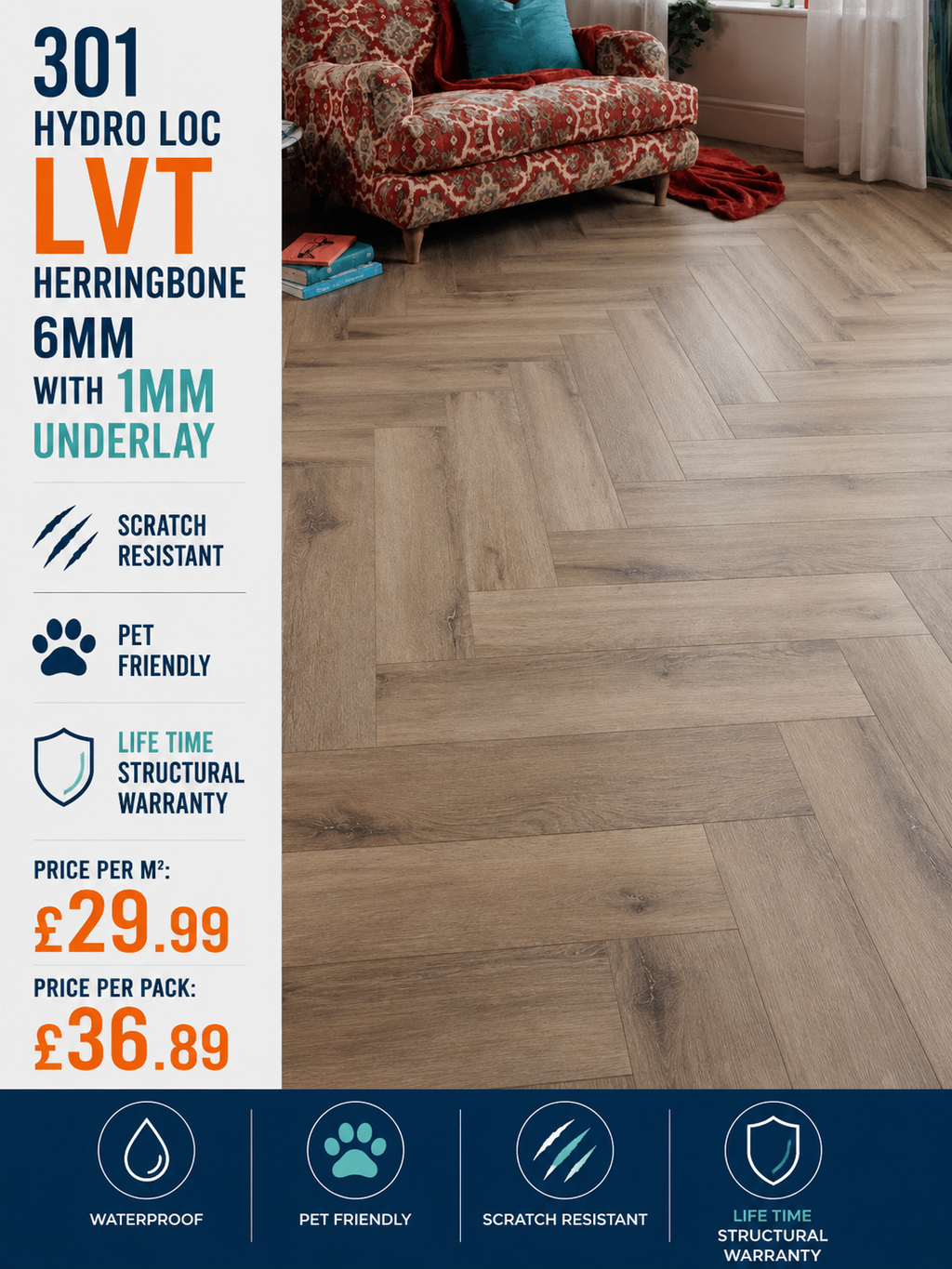 Hydro Loc 301 Herringbone 6mm With a 1mm Underlay