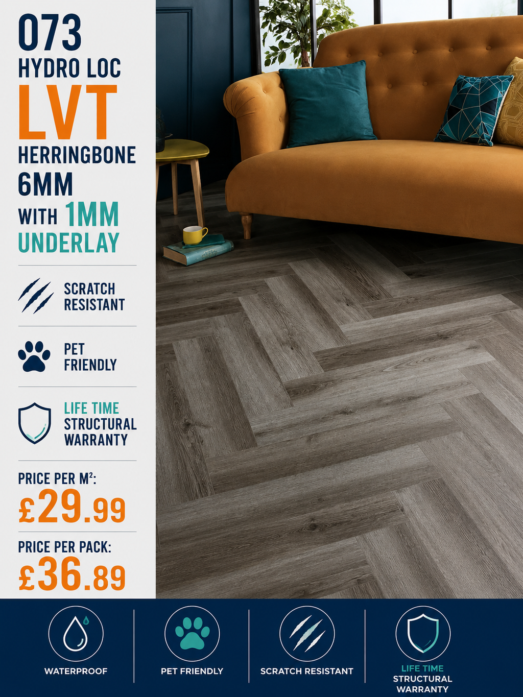 Hydro Loc 073 Herringbone 6mm With a 1mm Underlay