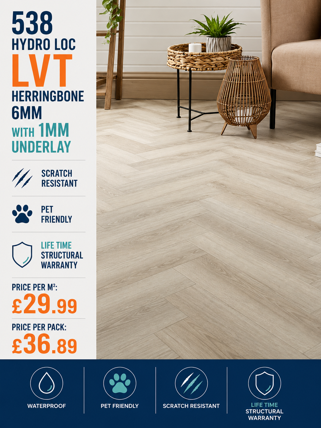 Hydro Loc 538 Herringbone 6mm With a 1mm Underlay