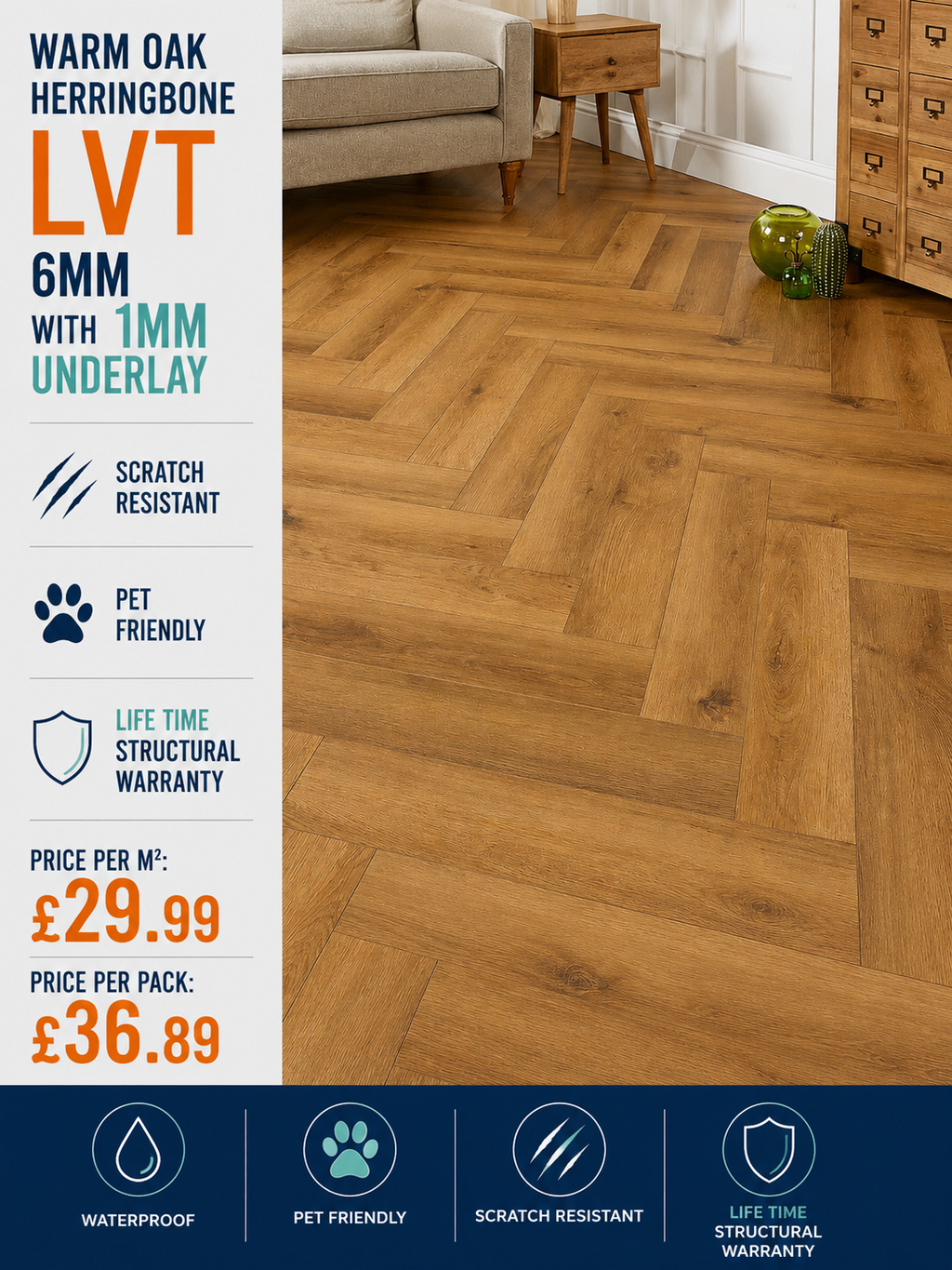 Hydro Loc Warm Oak Herringbone 6mm With a 1mm Underlay