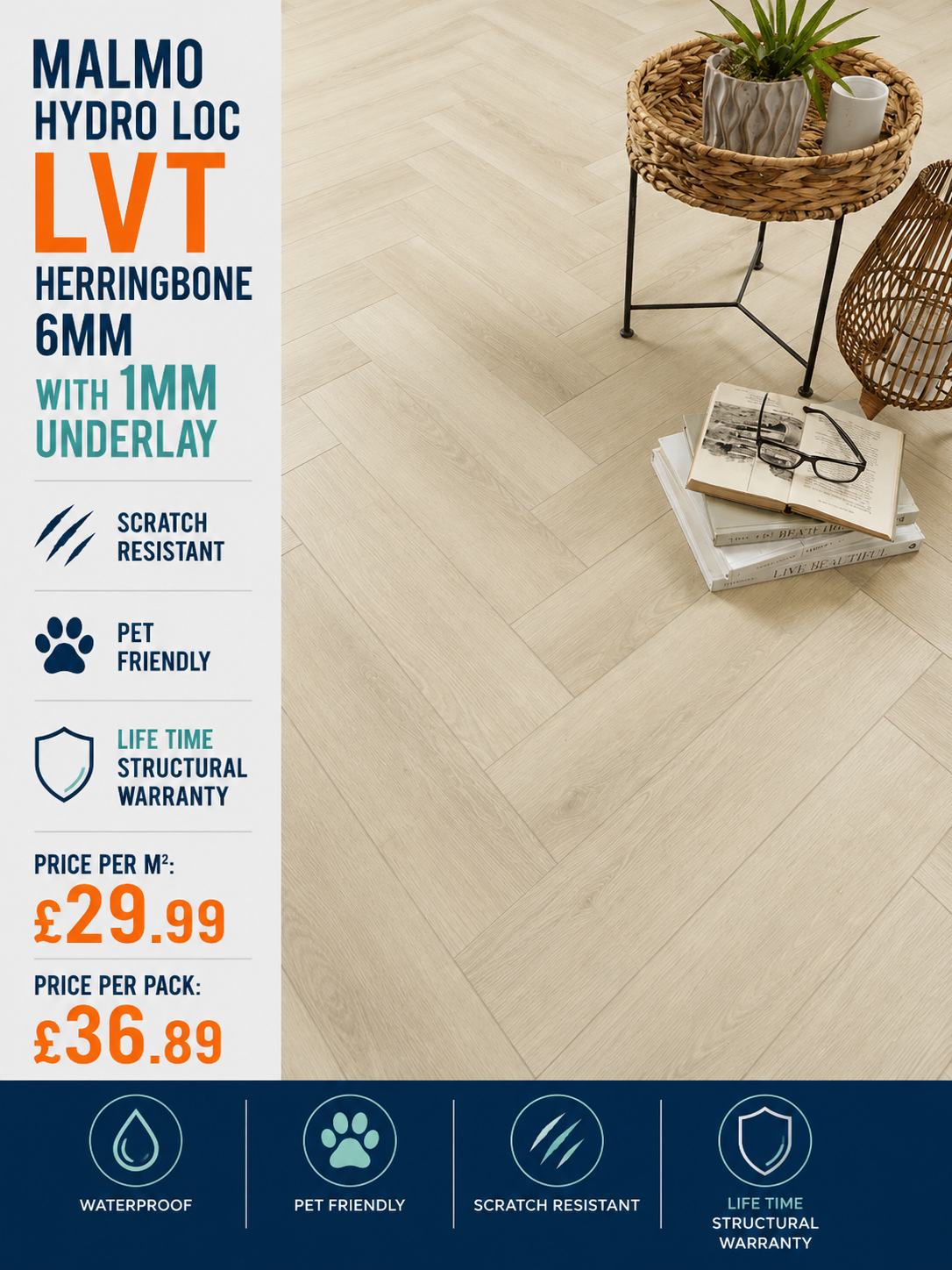 Hydro Loc Malmo Herringbone 6mm With a 1mm Underlay