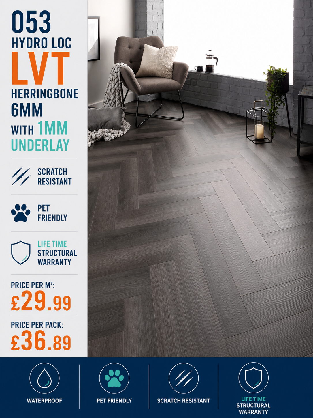 Hydro Loc 053 Herringbone 6mm With a 1mm Underlay