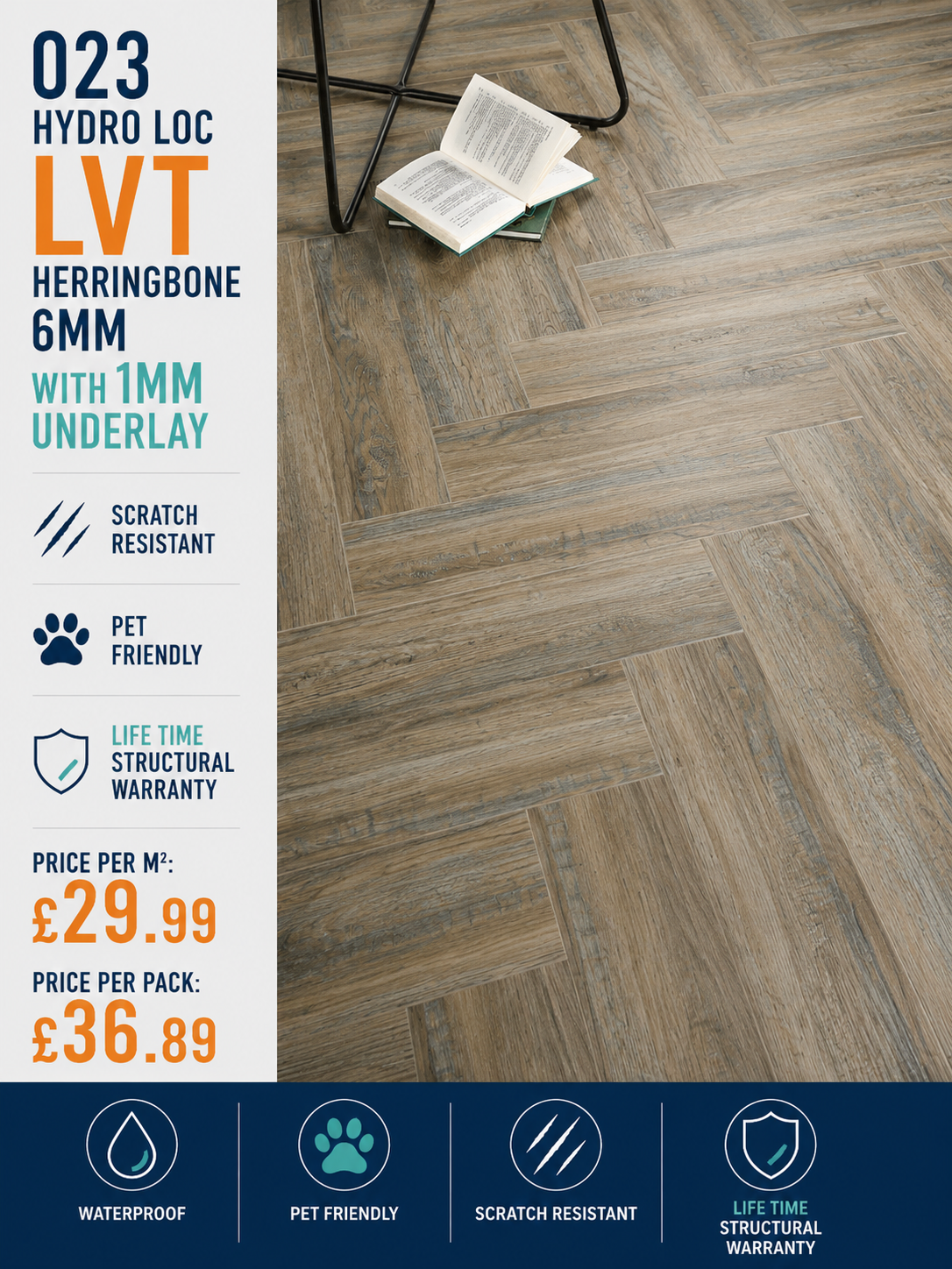 Hydro Loc 023 Herringbone 6mm With a 1mm Underlay