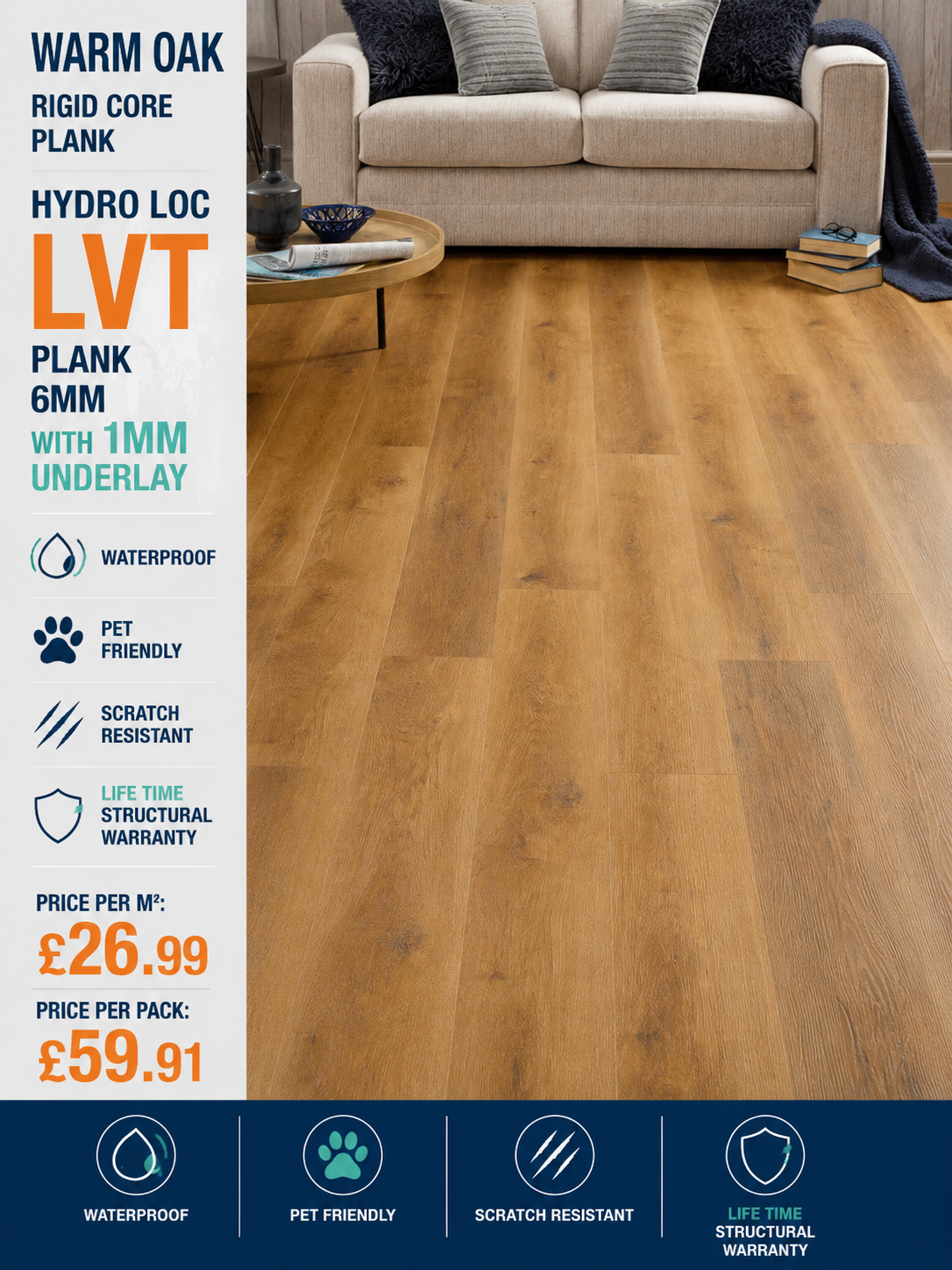 Hydro Loc Warm Oak Rigid Core Plank     ❌ Sold Out
